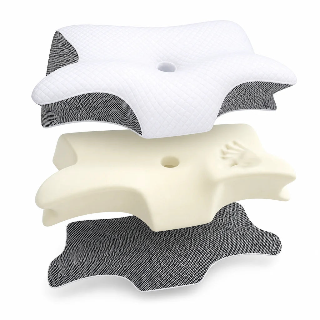 Edit the image to show an exploded isometric view of the oreiller: the white diamond-quilted cover,