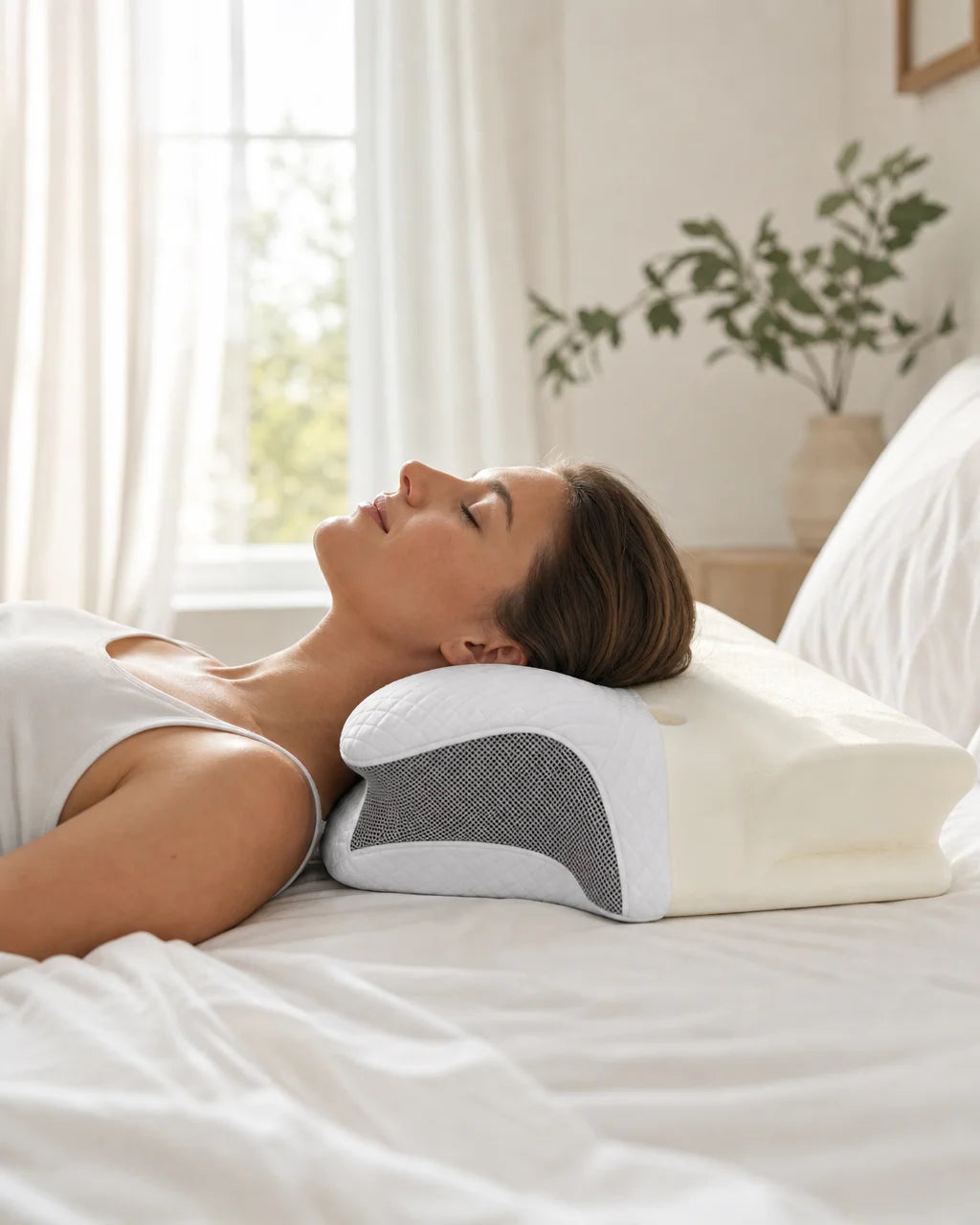 Edit the image to show a person lying on their back on a bed, the oreiller positioned under the head